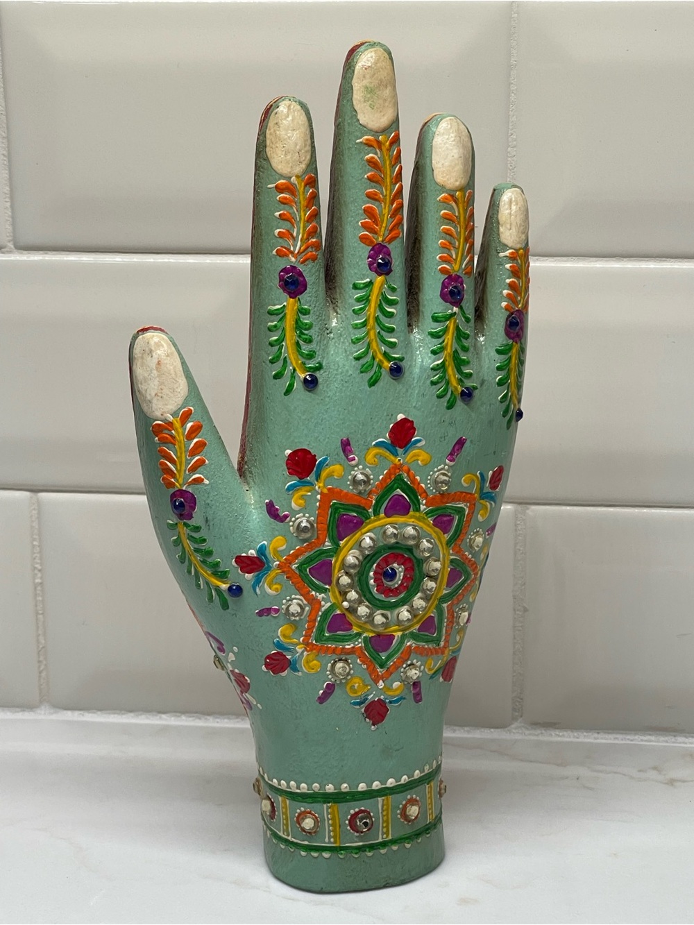 Boho Mystical Evil Eye Left Hand Art Decor Rhinestones Jewels Namaste Distressed